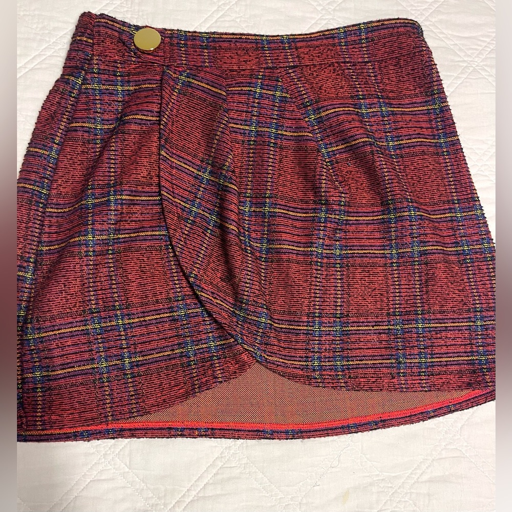 TopShop Red Plaid Skirt with Golden Button